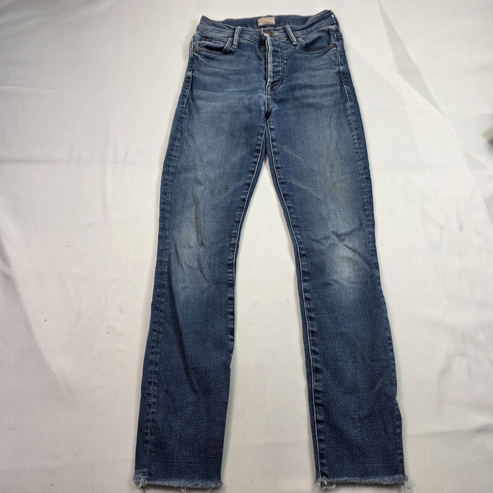 Mother The Stunner Ankle Fray Jeans Womens 24 Medium Wash Mid Rise Slim Raw Hem